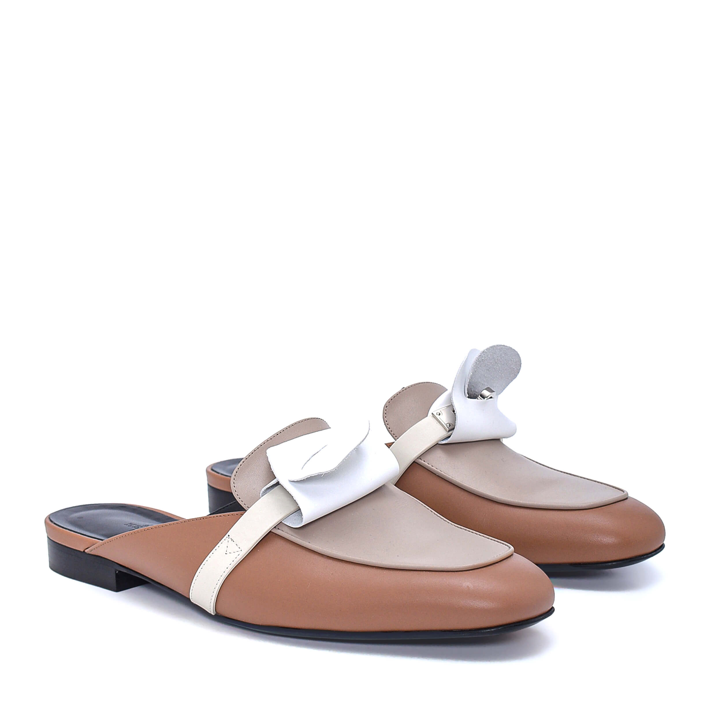 Hermes - Beige&Brown Leather Kelly Mule Sandals